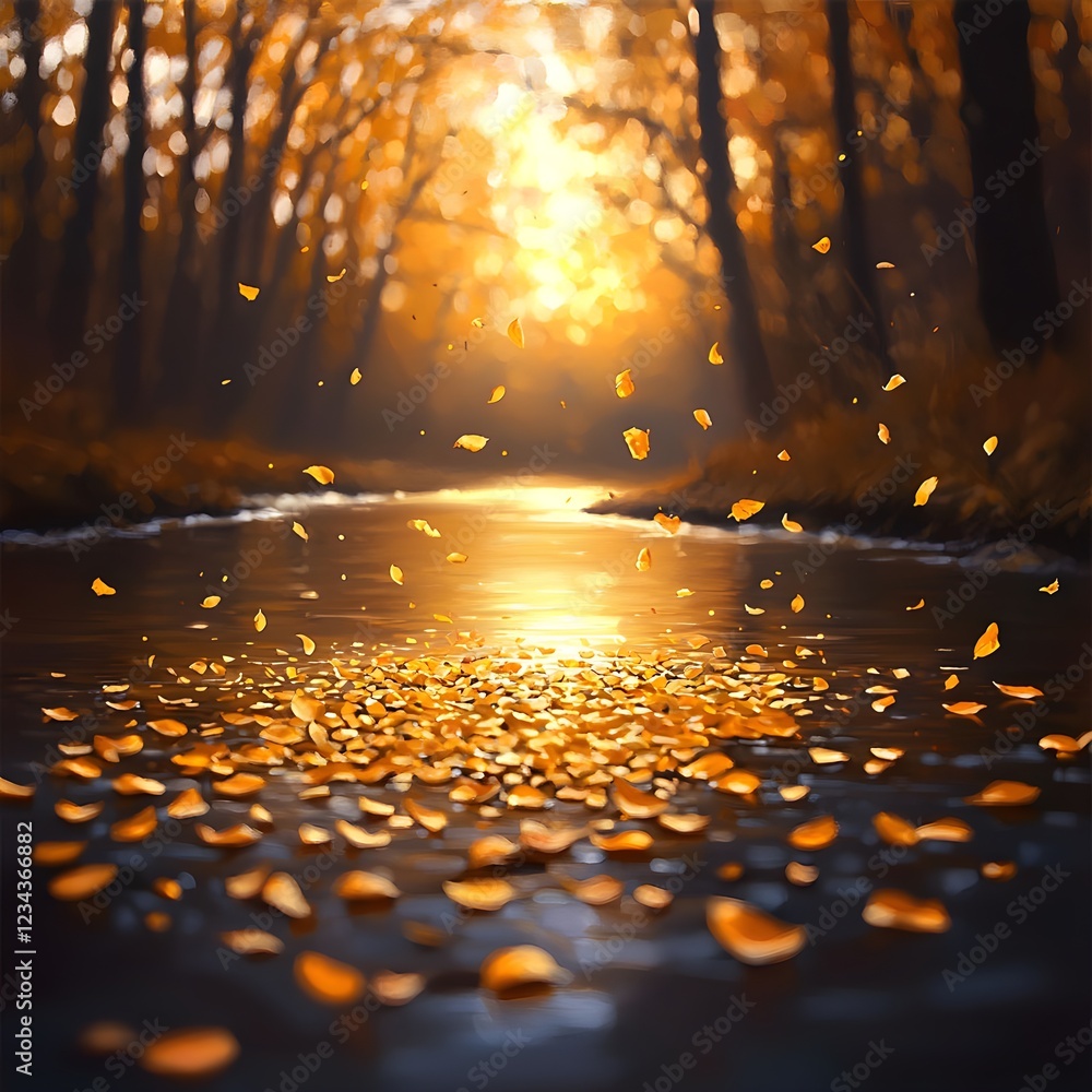 Golden Autumn Leaves Floating on River Golden Autumn Leaves Floating on River
