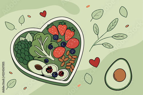 Heart-shaped bowl, fresh vegetables and fruits, colorful produce, healthy eating, green background, overhead view, balanced diet, nutrition concept, vibrant colors, avocado, broccoli, tomatoes, ber
