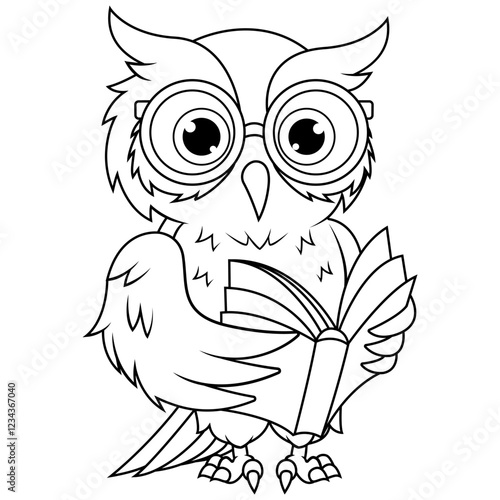 Cartoon owl bird wearing glasses reading a book line art