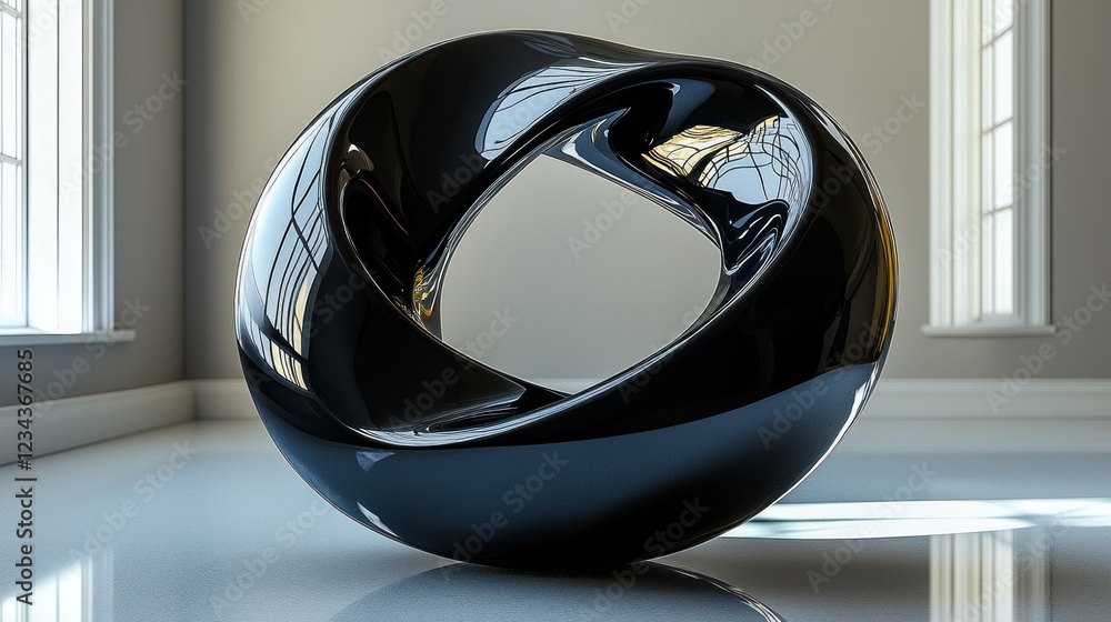 Black abstract sculpture in bright room with windows Black abstract sculpture in bright room with windows