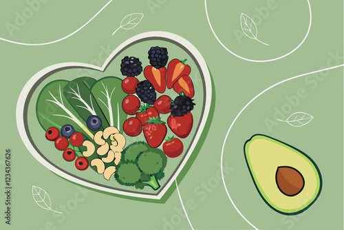  Heart-shaped bowl, fresh vegetables and fruits, colorful produce, healthy eating, green background, overhead view, balanced diet, nutrition concept, vibrant colors, avocado, broccoli, tomatoes, ber