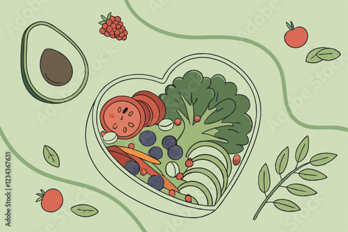  Heart-shaped bowl, fresh vegetables and fruits, colorful produce, healthy eating, green background, overhead view, balanced diet, nutrition concept, vibrant colors, avocado, broccoli, tomatoes, ber