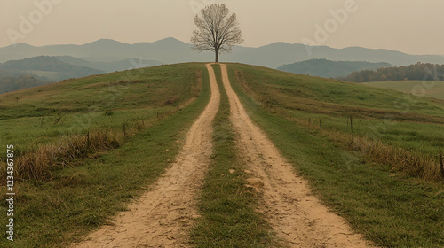 Lonely tree on hilltop, dual road leading to misty mountains photo