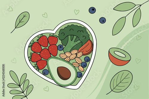  Heart-shaped bowl, fresh vegetables and fruits, colorful produce, healthy eating, green background, overhead view, balanced diet, nutrition concept, vibrant colors, avocado, broccoli, tomatoes, ber