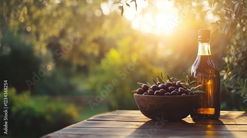 olives and olive oil. Selective focus