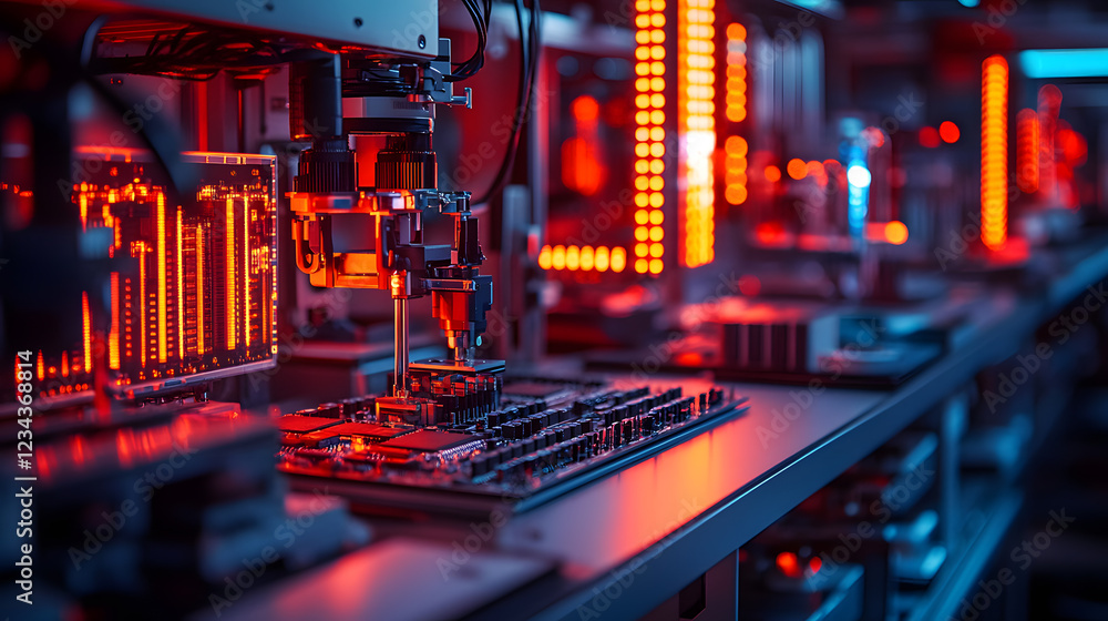An advanced robotics laboratory, with intricate robotic arms assembling microchips under intense lighting, during a precision engineering project An advanced robotics laboratory, with intricate robotic arms assembling microchips under intense lighting, during a precision engineering project