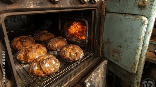 Freshly baked bread rising in a vintage oven with a glowing fire in the background photo