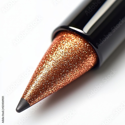 Shimmering metallic glitter eye pencil tip close-up on white background photo