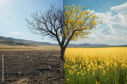 Drought impacting tree forest, followed by refreshing forest growth, showcasing ecological change.