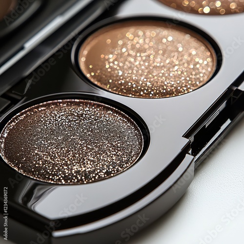 Shimmering brown and gold eye shadow palette with glittering pigments close-up photo