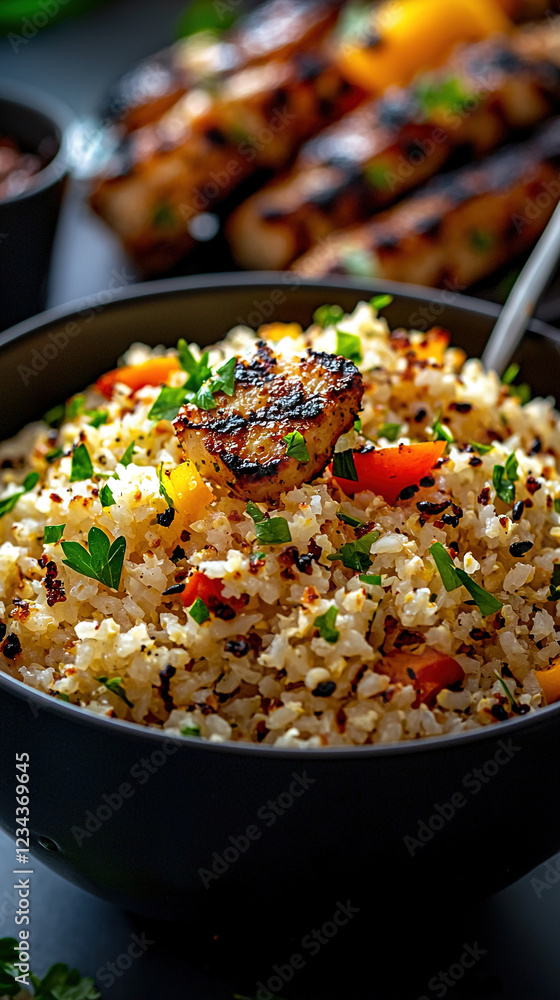 Cauliflower rice with a sprinkle of parsley, served in a bowl with soft natural light in minimalist food photography
