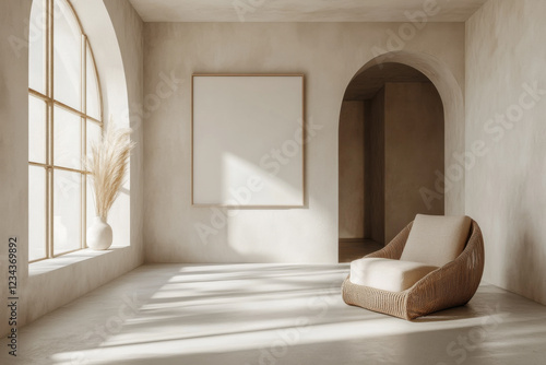 Beige interior mock-up with empty frame