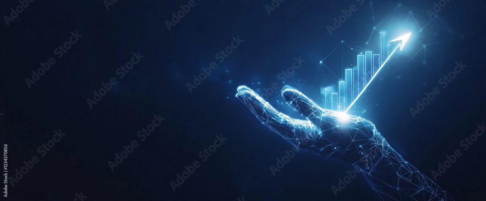 Digital hand holding glowing graph with ascending bars and arrow, symbolizing growth, data analysis, and the concept of success and innovation in the digital world Digital hand holding glowing graph with ascending bars and arrow, symbolizing growth, data analysis, and the concept of success and innovation in the digital world