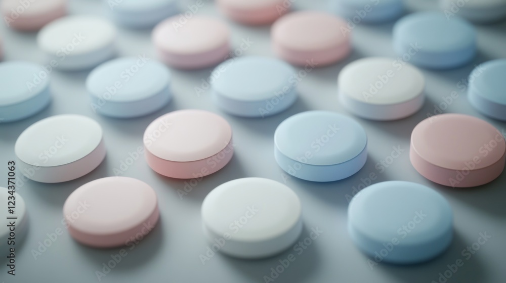 Close-up of pastel-colored pills arranged in rows. Close-up of pastel-colored pills arranged in rows.