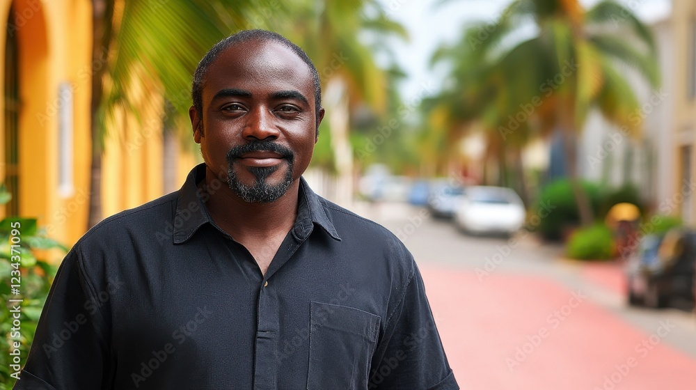 Fototapeta premium A confident man stands casually on a warm day in a scenic street. Palm trees sway gently above, and vibrant buildings add color to the peaceful atmosphere of the coastal town