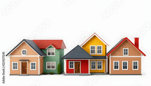 Isolated house set. Simple suburban house. Concept of real estate, property and ownership. Four different colorful houses , with white tonespng photo