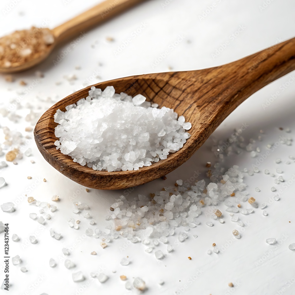 wooden spoon with salt isolated on white Background wooden spoon with salt isolated on white Background