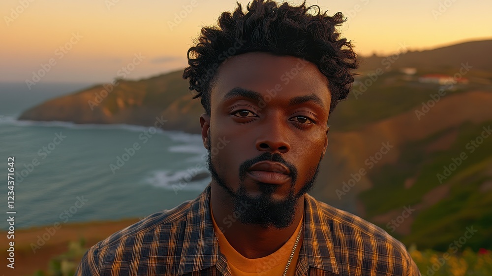 A man stands confidently at the edge of a cliff during sunset. The sky is painted in warm hues as waves crash below. The serene coastal setting provides a beautiful backdrop A man stands confidently at the edge of a cliff during sunset. The sky is painted in warm hues as waves crash below. The serene coastal setting provides a beautiful backdrop