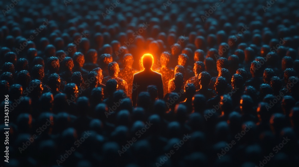 Fototapeta premium A striking glowing figure surrounded by a shadowy crowd, symbolizing individuality, leadership, and uniqueness.