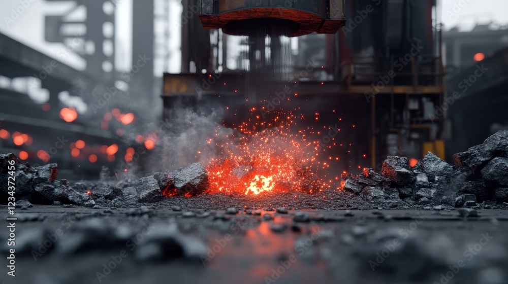 A steel mill with sparks flying as molten metal is processed. A steel mill with sparks flying as molten metal is processed.