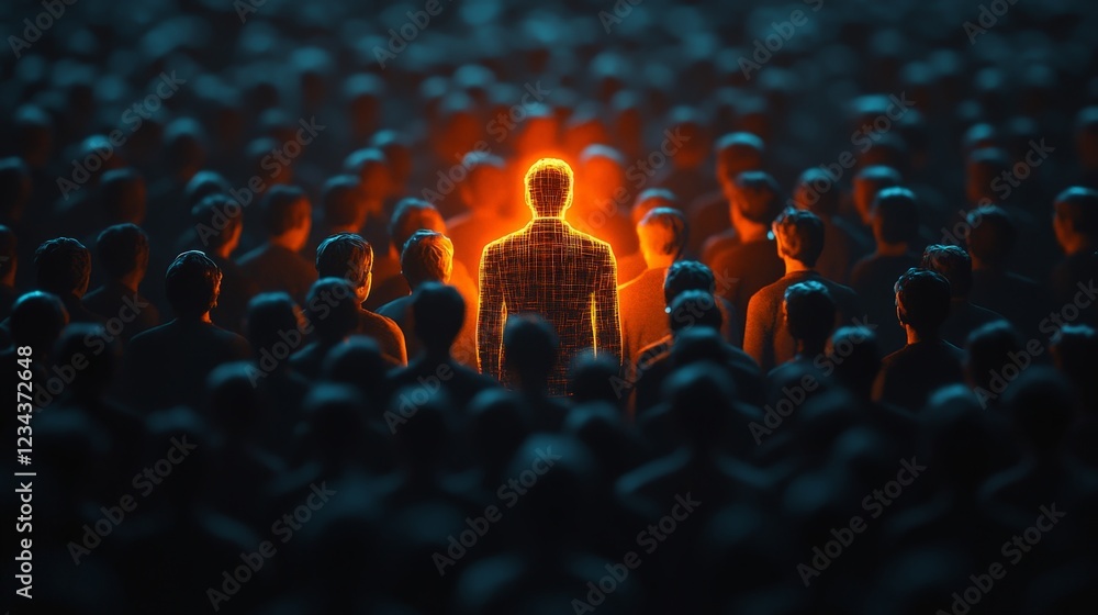 Obraz premium A striking glowing figure surrounded by a shadowy crowd, symbolizing individuality, leadership, and uniqueness.