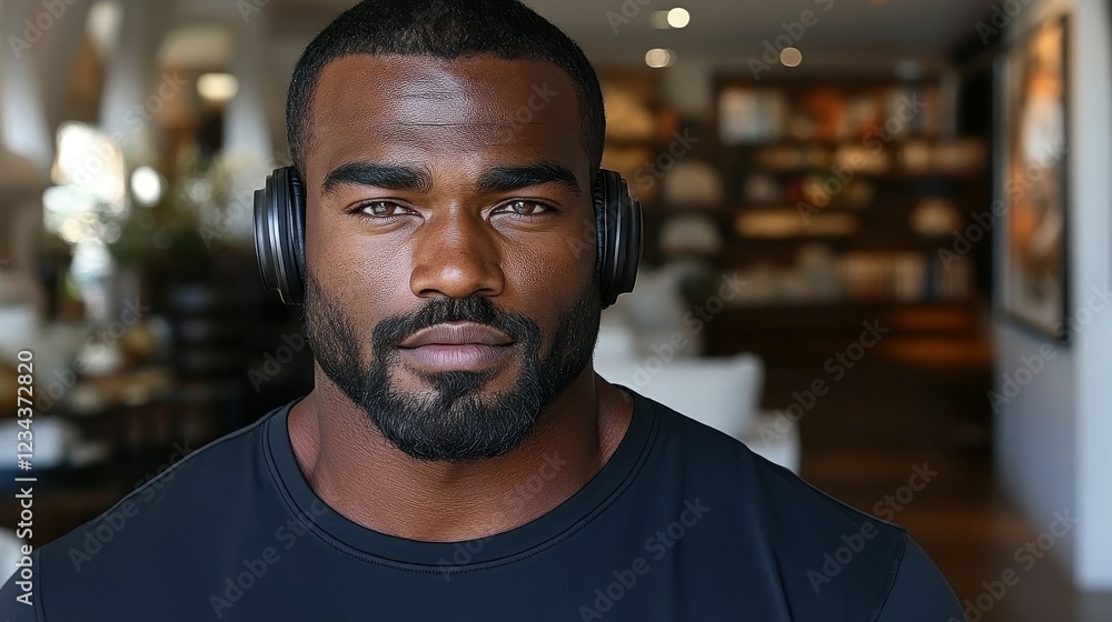 A man with a well-groomed beard is immersed in music, wearing headphones while sitting in a contemporary lounge. Soft lighting enhances the calm atmosphere A man with a well-groomed beard is immersed in music, wearing headphones while sitting in a contemporary lounge. Soft lighting enhances the calm atmosphere