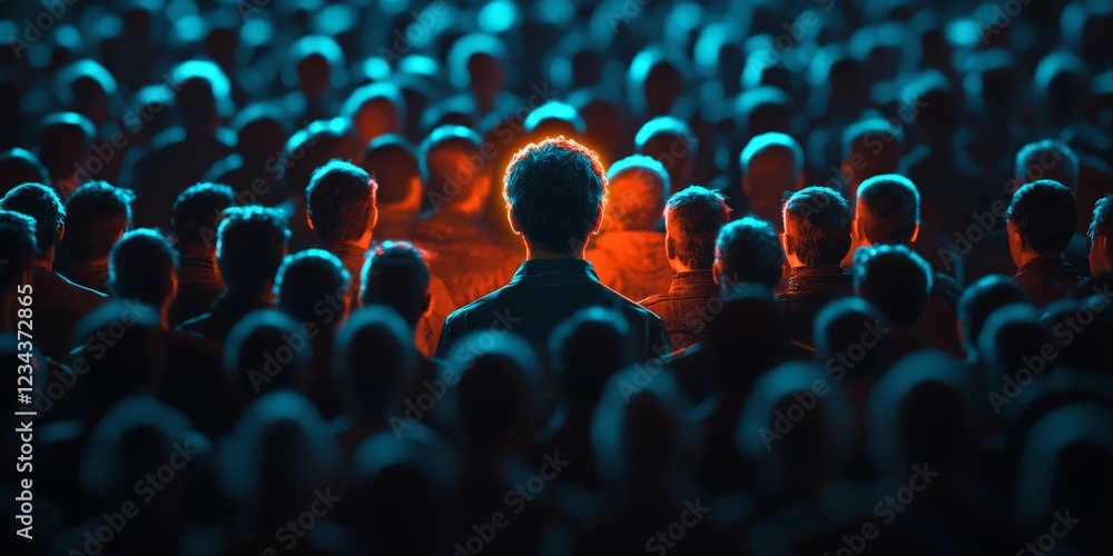 Obraz premium A striking glowing figure surrounded by a shadowy crowd, symbolizing individuality, leadership, and uniqueness.