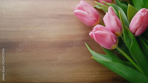 Vibrant fresh pink tulips surrounded by lush green leaves, embodying spring's beauty and renewal.