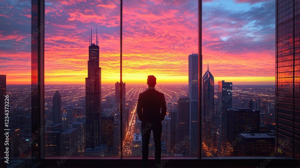 Businessman looking out at the Chicago skyline at sunset from a skyscraper window Businessman looking out at the Chicago skyline at sunset from a skyscraper window