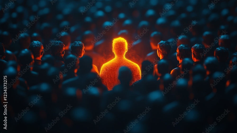 Obraz premium A striking glowing figure surrounded by a shadowy crowd, symbolizing individuality, leadership, and uniqueness.