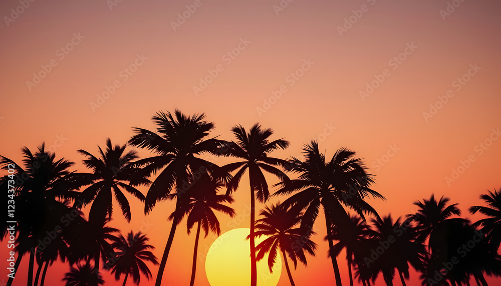 Retro stylized toned picture of coconut palm trees silhouettes at sunset, vacation concept , with white tonespng Retro stylized toned picture of coconut palm trees silhouettes at sunset, vacation concept , with white tonespng
