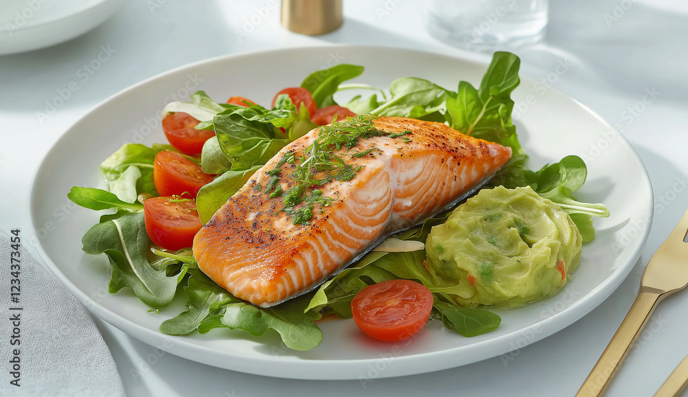 Healthy grilled salmon served with bright vegetable salad and smooth avocado guacamole topping. Healthy grilled salmon served with bright vegetable salad and smooth avocado guacamole topping.