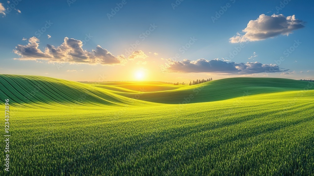 A serene landscape at sunrise with rolling green hills and a clear sky. A serene landscape at sunrise with rolling green hills and a clear sky.