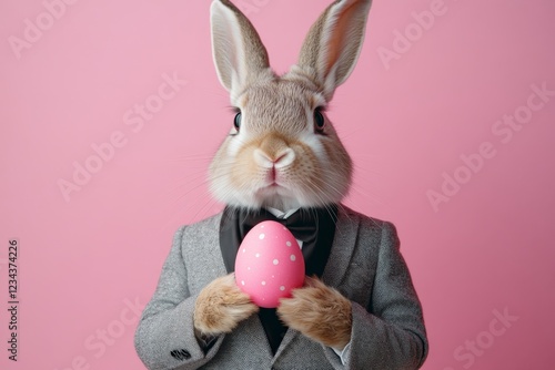 Rabbit dressed in a formal suit holds a pink polka-dotted egg against a pastel pink background during a festive celebration photo