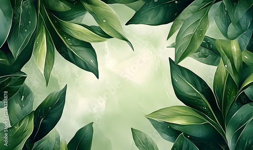 Green leaves watercolor background invitation template, Generative AI