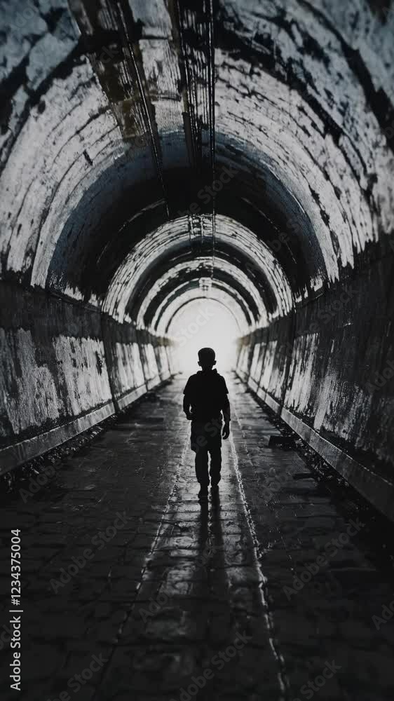 A moody perspective capturing the boy’s back as he walks deeper into the tunnel, drawn toward a luminous opening in the distance. --z1 A moody perspective capturing the boy’s back as he walks deeper into the tunnel, drawn toward a luminous opening in the distance. --z1