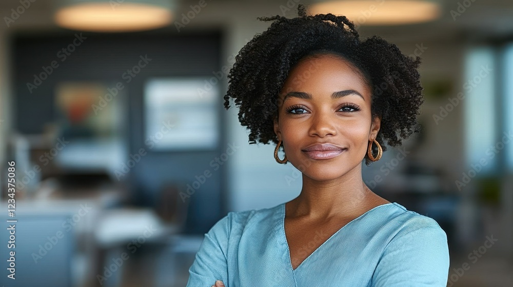 A young woman with natural curls stands confidently in a contemporary office space. She wears a light blue sweater and gold hoop earrings, showcasing a professional demeanor A young woman with natural curls stands confidently in a contemporary office space. She wears a light blue sweater and gold hoop earrings, showcasing a professional demeanor