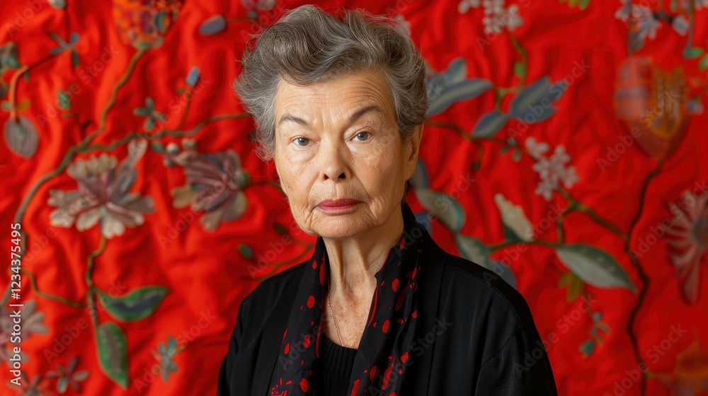 An elderly woman stands proudly, wearing a black outfit and scarf, in front of a rich red background adorned with floral patterns, showcasing her unique style at an event An elderly woman stands proudly, wearing a black outfit and scarf, in front of a rich red background adorned with floral patterns, showcasing her unique style at an event