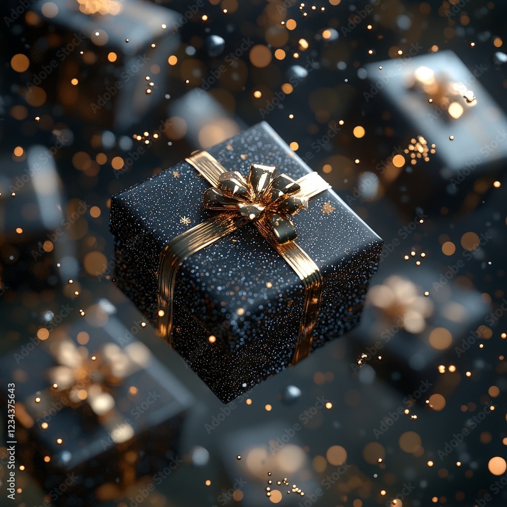 Elegant black and gold gift boxes with sparkles, perfect for conveying luxury, celebration, and festive occasions. Elegant black and gold gift boxes with sparkles, perfect for conveying luxury, celebration, and festive occasions.