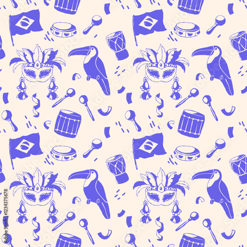 Brazilian Carnival seamless pattern with hand drawn carnival masks, musical instruments