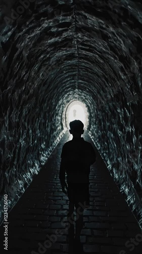 A low-light highlighting only the outlines of the boy and the texture of the tunnel, while the bright exit forms a stark silhouette around him.