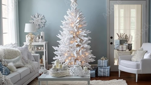 Elegant winter living room decorated for the holidays with a white Christmas tree and cozy furnishings