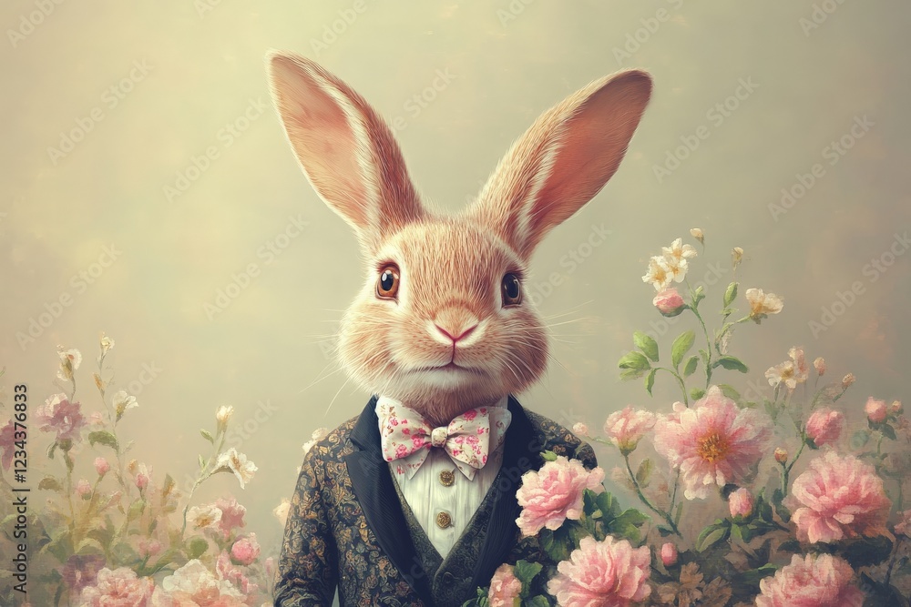 Obraz premium Rabbit dressed in formal attire stands among blooming flowers in a whimsical garden setting