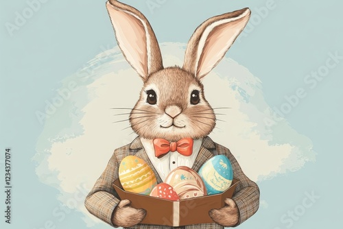 Cheerful rabbit in a suit holding colorful Easter eggs against a light blue background photo