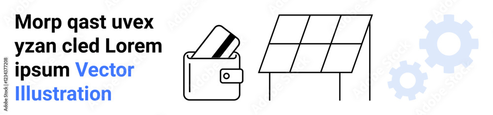 Wallet with cards, solar panel array, gears. Ideal for green energy, fintech, eco-friendly investments, sustainable finance, technology integration energy solutions innovation. Landing page Wallet with cards, solar panel array, gears. Ideal for green energy, fintech, eco-friendly investments, sustainable finance, technology integration energy solutions innovation. Landing page
