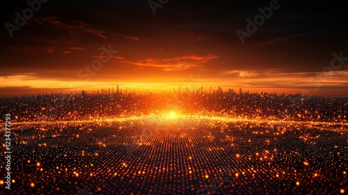 Fototapeta Naklejka Na Ścianę i Meble -  Cityscape at sunset with glowing digital data foreground