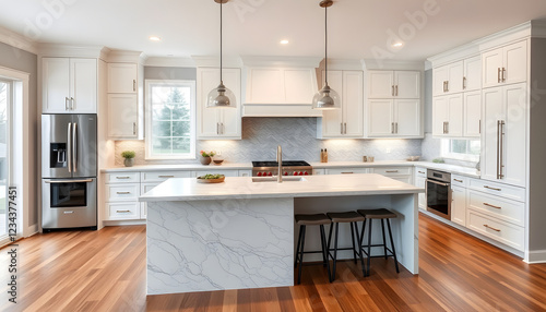 Wallpaper Mural Beautiful kitchen in new luxury home with waterfall island, quartz counter tops, farmhouse sink, and hardwood floors , with white tonespng Torontodigital.ca