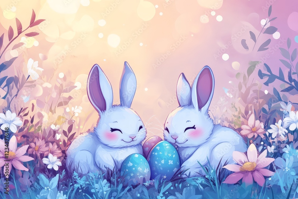 Obraz premium Two playful bunnies share colorful eggs in a vibrant spring garden filled with flowers and soft pastel colors