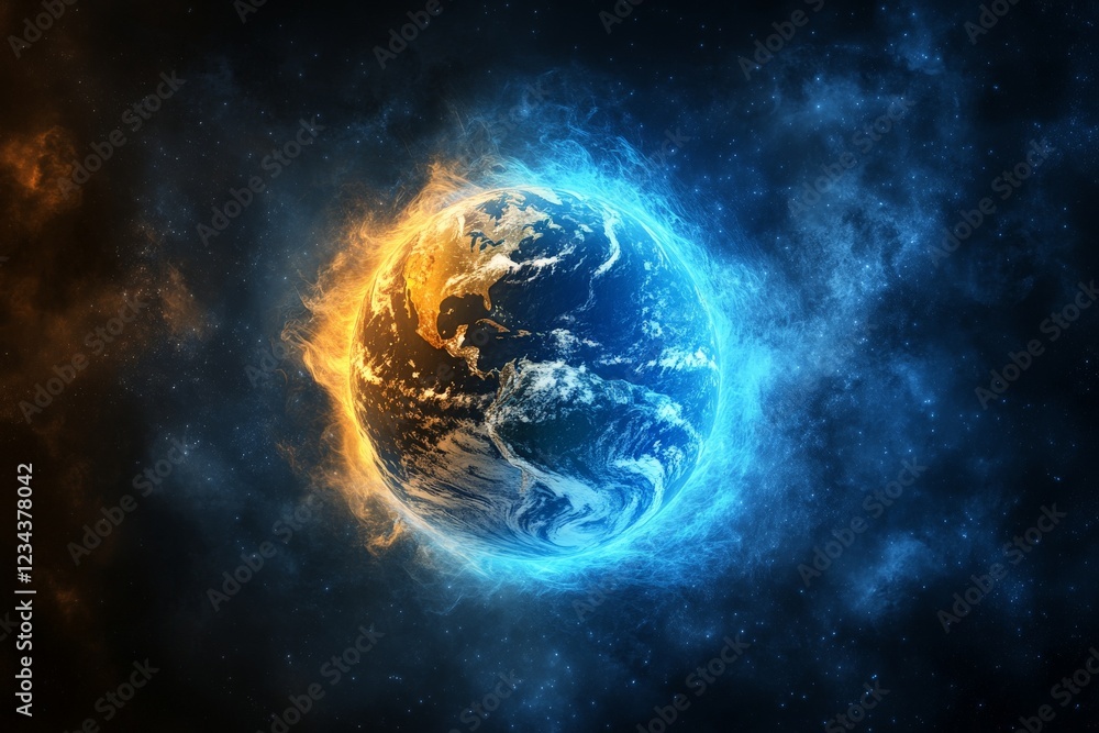 Obraz premium Vibrant representation of Earth surrounded by contrasting elements of fire and ice in a cosmic setting