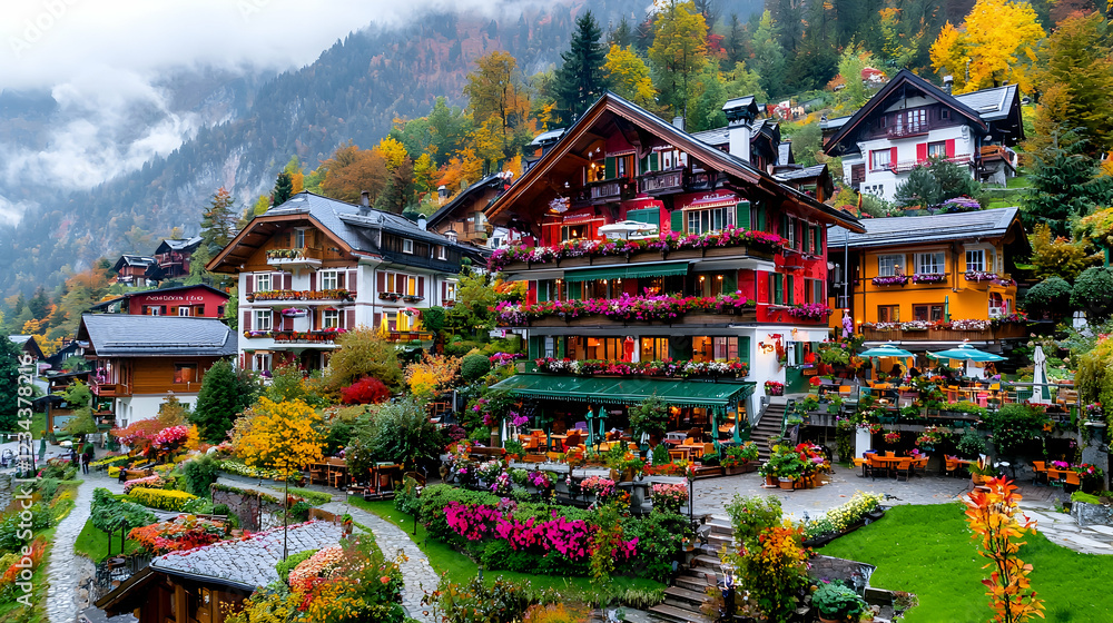 Obraz premium Autumnal mountain village, colorful houses, flowers, restaurant. Travel postcard